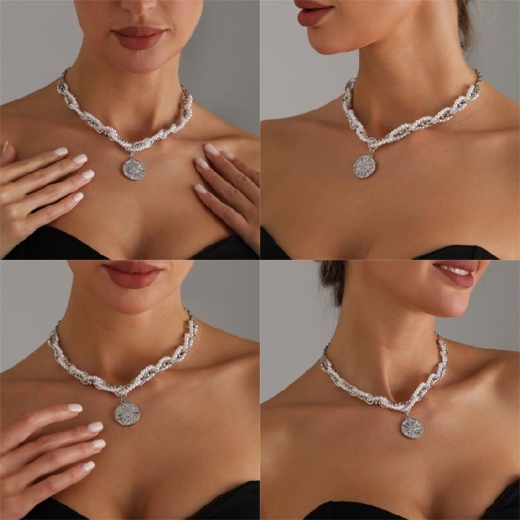 Celestials Inspired Layer Chain Necklace With Crystals Accent Imitation Pearls Clasp Adjustable Length