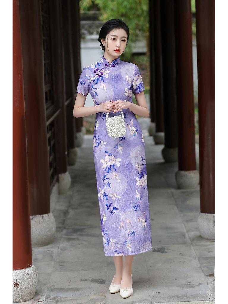2024 Spring/Summer Elegant Retro Double-Layer Silk & Linen Short-Sleeve Cheongsam Dress