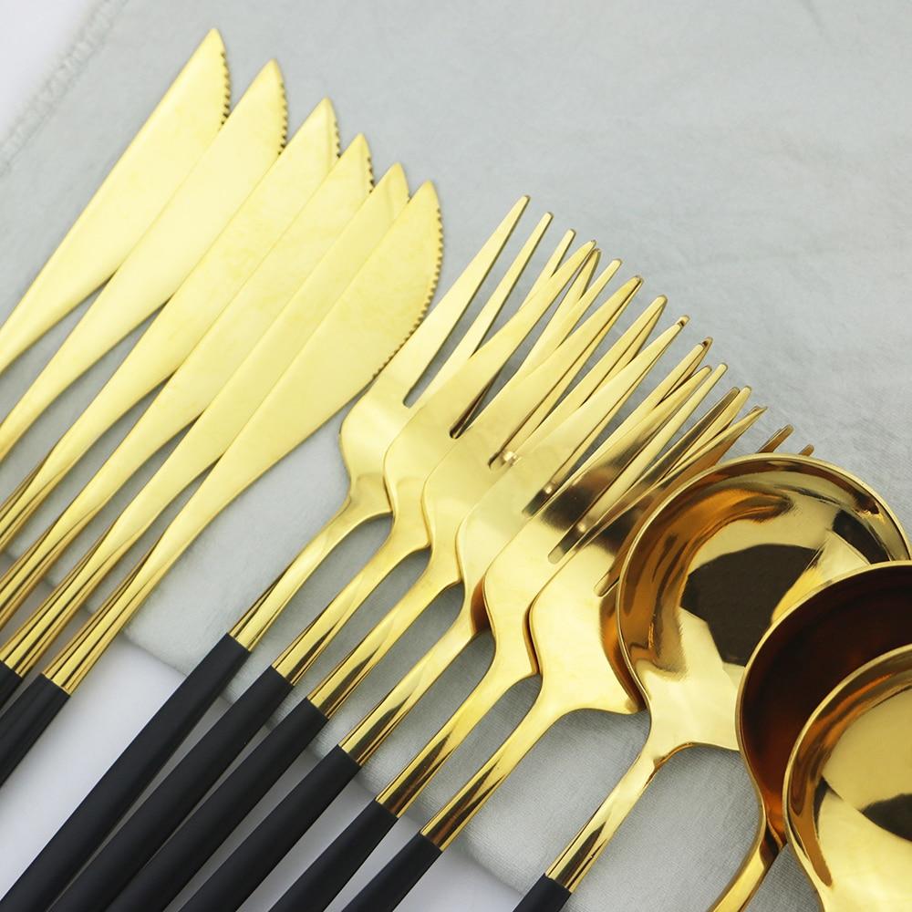 30pcs Gold Dinnerware Set Stainless Steel Tableware Set Knife Cake Fork Spoons Cutlery Set Plastic Storage Tray Kitchen Flatware