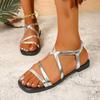 Fashion Flat Sandals Summer New Square Head Open Toe Thin with Metal Buckle Soft Sole Anti-slip Wear-resistant Large Size Women's Shoes