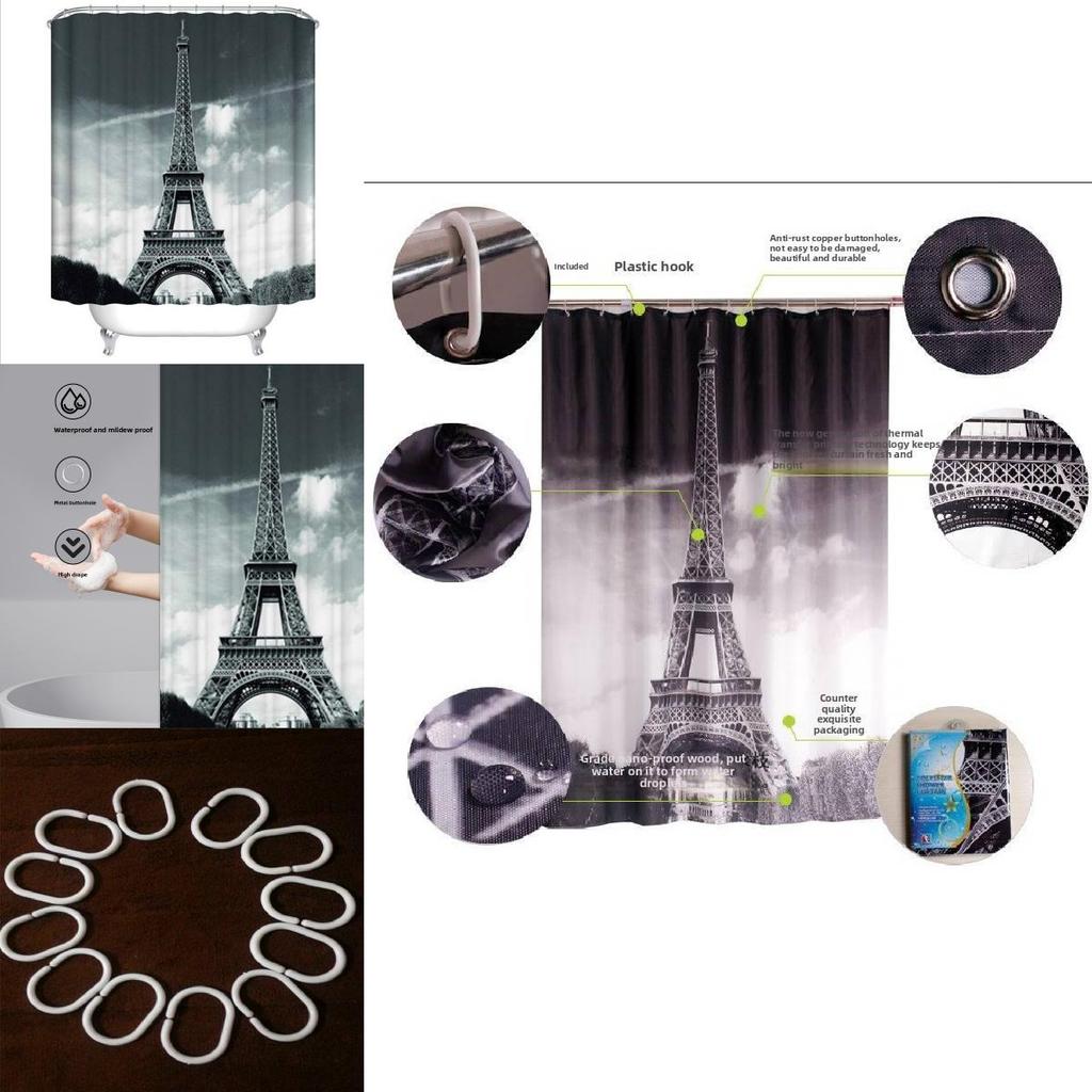 Eiffel Tower Polyester Shower Curtain With City Nightscape Bridge Design For Bathroom Decor
