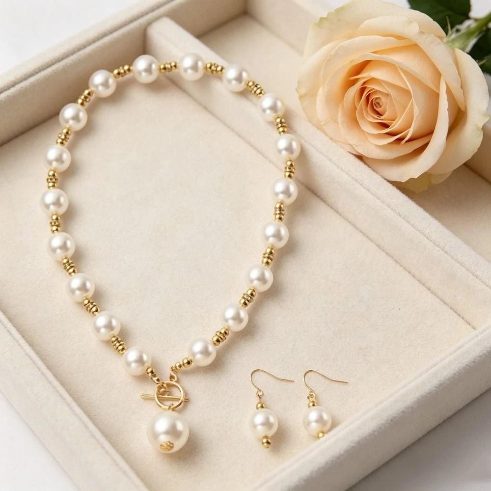 Zircon Pearl Necklace Beaded Earrings Necklace Set New Women's Pearl Jewelry  Anniversary
