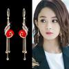 Fashion Atmospheric Red Velvet Bow Earrings Femininity Sweet Flower Long Fringed Versatile Earrings