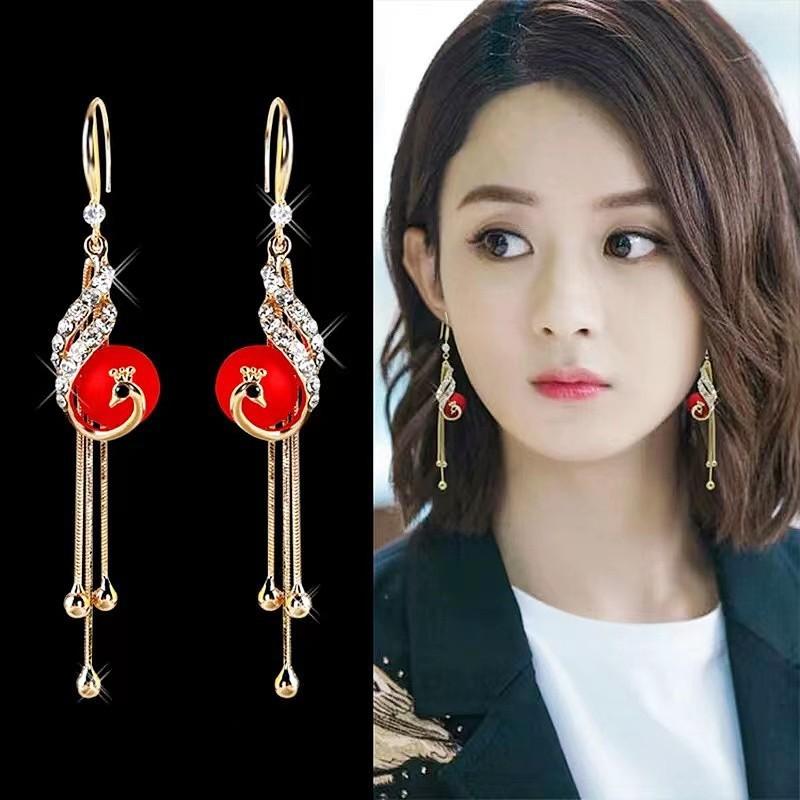 Fashion Atmospheric Red Velvet Bow Earrings Femininity Sweet Flower Long Fringed Versatile Earrings