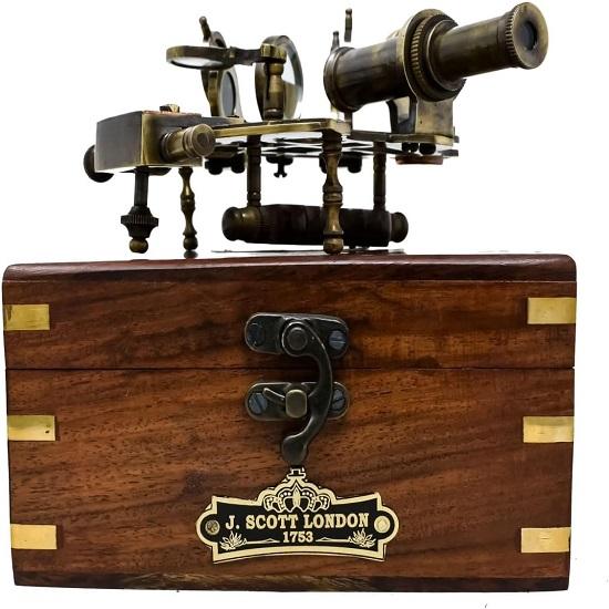 Brass Nautical Sextant  J Scott Replica with Hardwood Box Marine Instrument