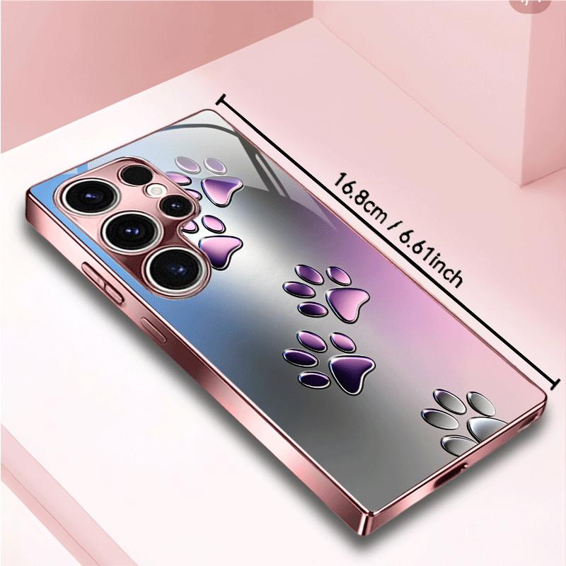 Metallic Cat Paw Print Glass Phone Case Fashion Phone Cases S26 Ultra Case for Samsung Galaxy S26 S25 S24 S23 S22 FE Ultra Plus