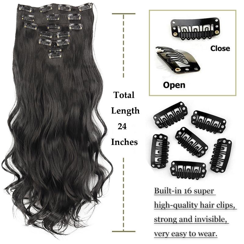 MISSQUEEN 24 inch 16 agrafe extensie sintetică postă naturală lungă și ondulată din fibră rezistentă la căldură coafură negru maro 7 bucăți/set