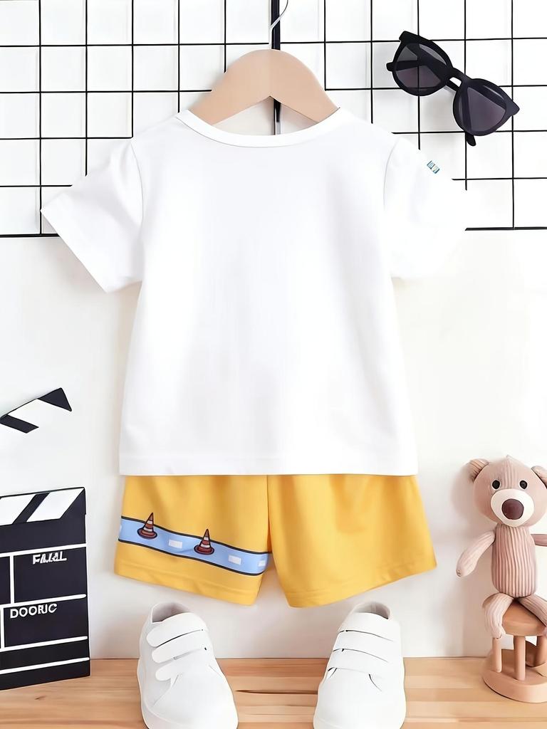 Summer Boys Cartoon Print Short Sleeve Shorts Set, Breathable Two-Piece Outfit For Home & Outdoor Wear