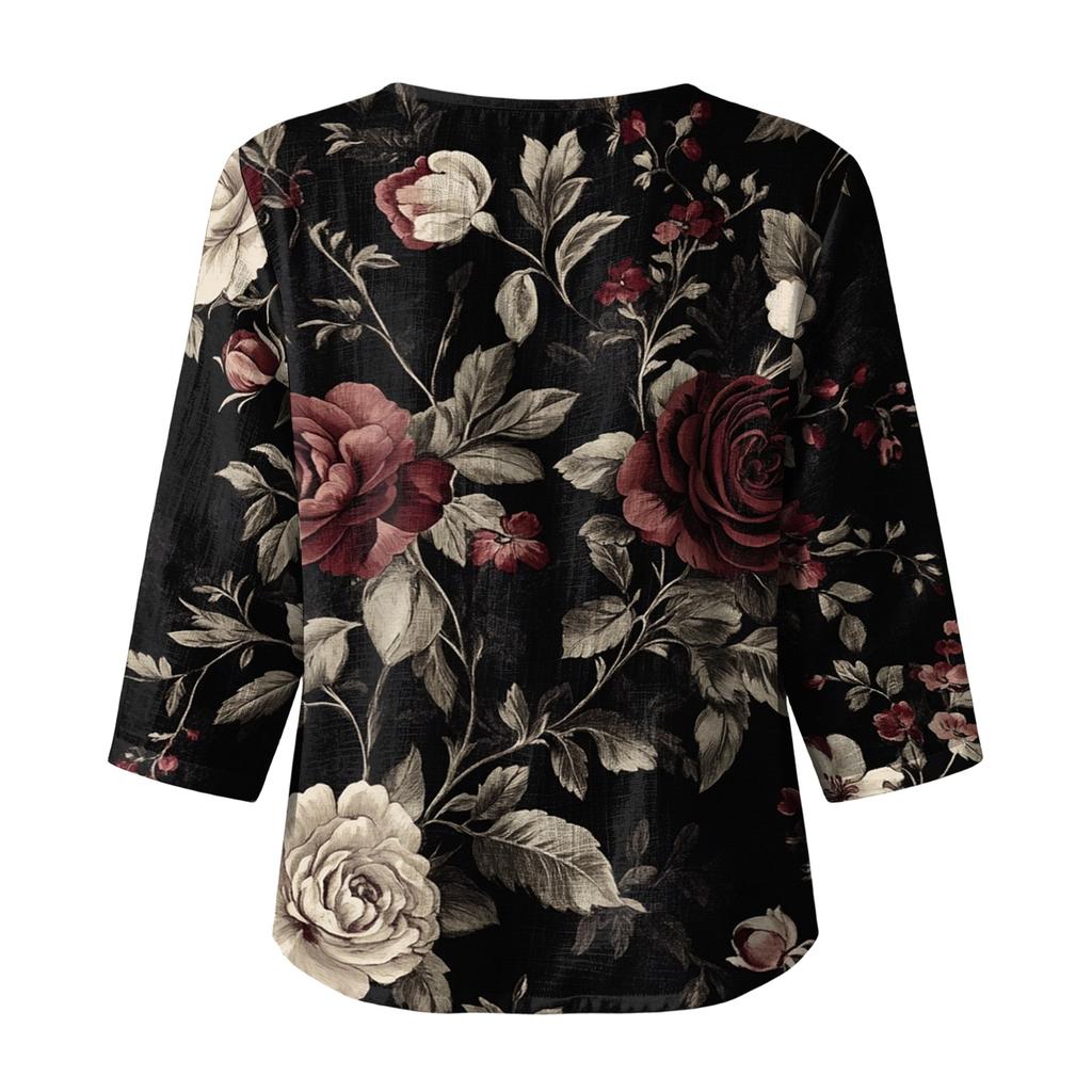 Blusa da Donna Casual con Stampa Floreale, Girocollo, Manica a Tre Quarti, Lino e Cotone, Top Leggero e Comodo per l'Uso Quotidiano