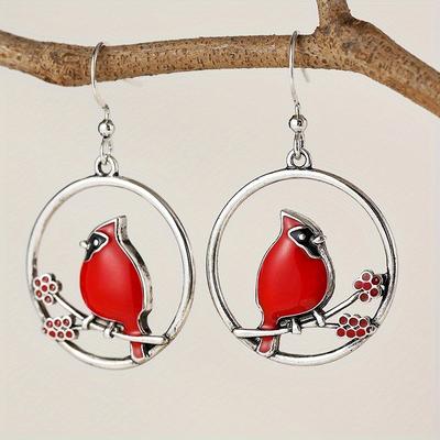 Bohemian Style Simple Vintage Redbird Branch Design Metal Hook Earrings for Women To Wear On Holiday