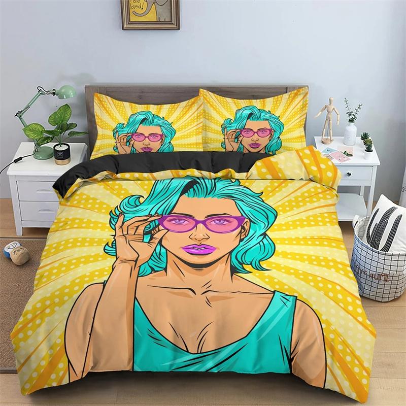 Cartoon Girls Duvet Cover Cute Lipstick Fashion Theme for Women Gifts for Bedroom Decorations with Pillowcase Queen King Size