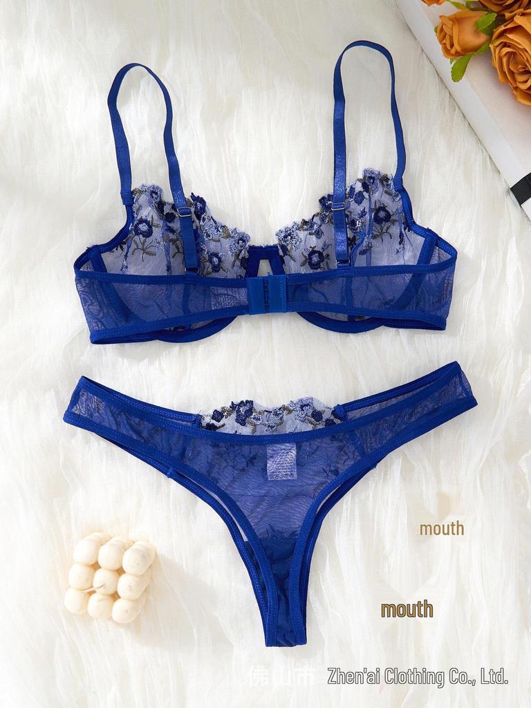 Květinová vyšívaná síťovaná push-up souprava spodního prádla pro ženy