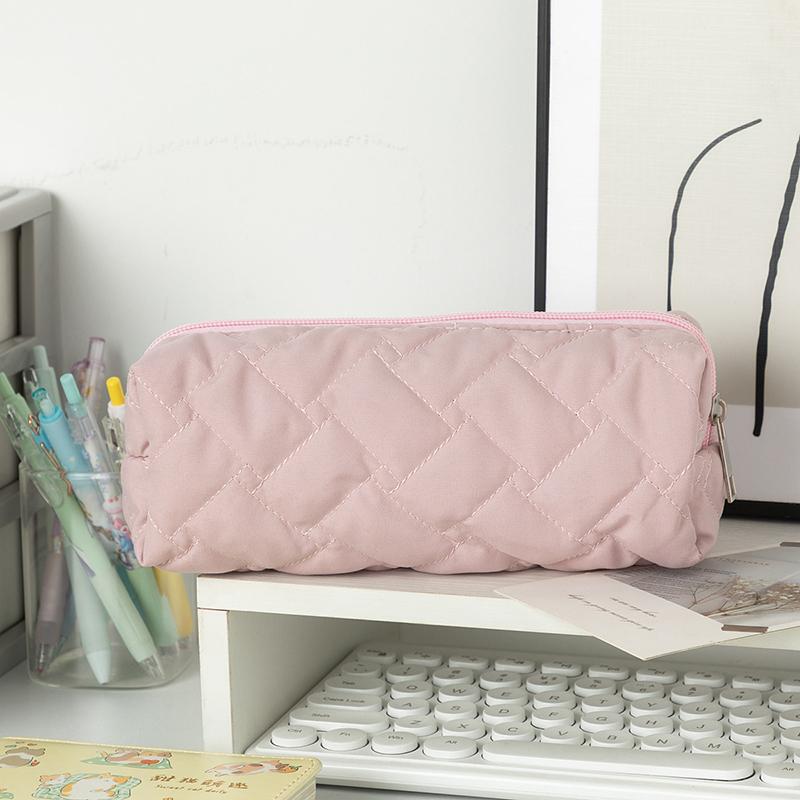 Large Capacity Pen Bag Organizer Simple Solid Color Quilted Pencil Case Cosmetic Bag Stationery Storage Pouch School Supplies