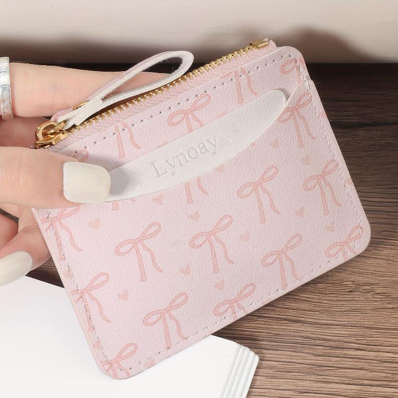 Ladies' Ultra-thin Zipper Wallet with Pink Heart-shaped Bow Card Holder Lightweight for Daily Use Card Holder with Zipper Closure