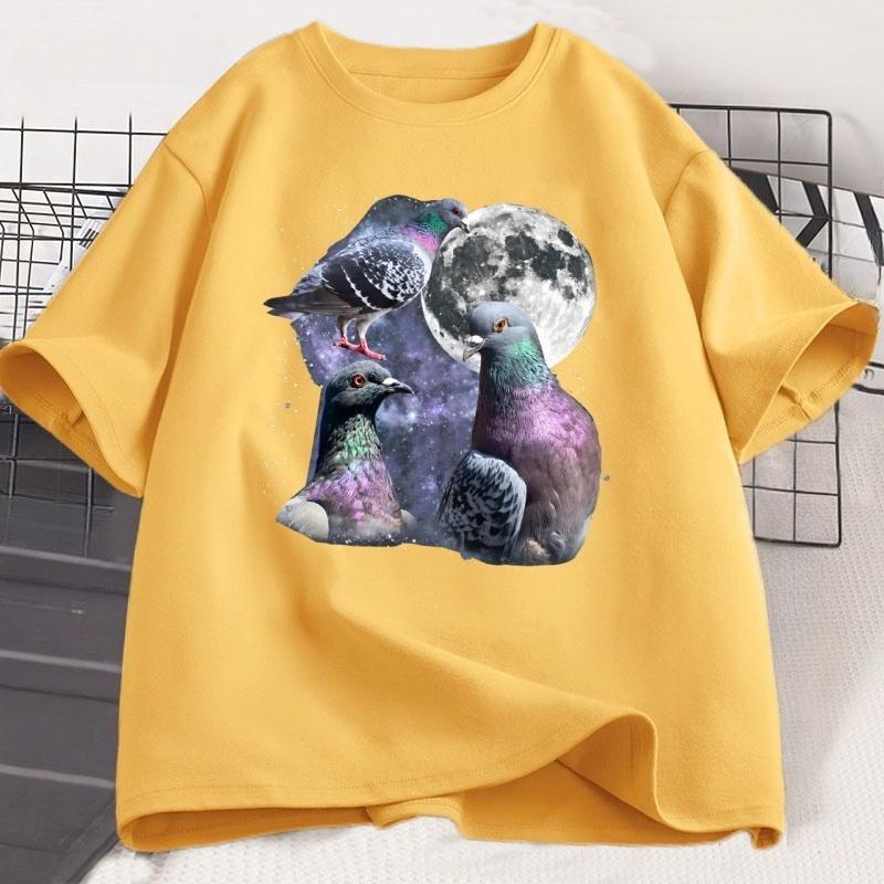 Tre T-shirt Grafiche Retrò con Piccioni T-shirt Piccione Luna Maglietta Uccello Oversize Unisex Donna Cotone Stampato Manica Corta Abbigliamento Top