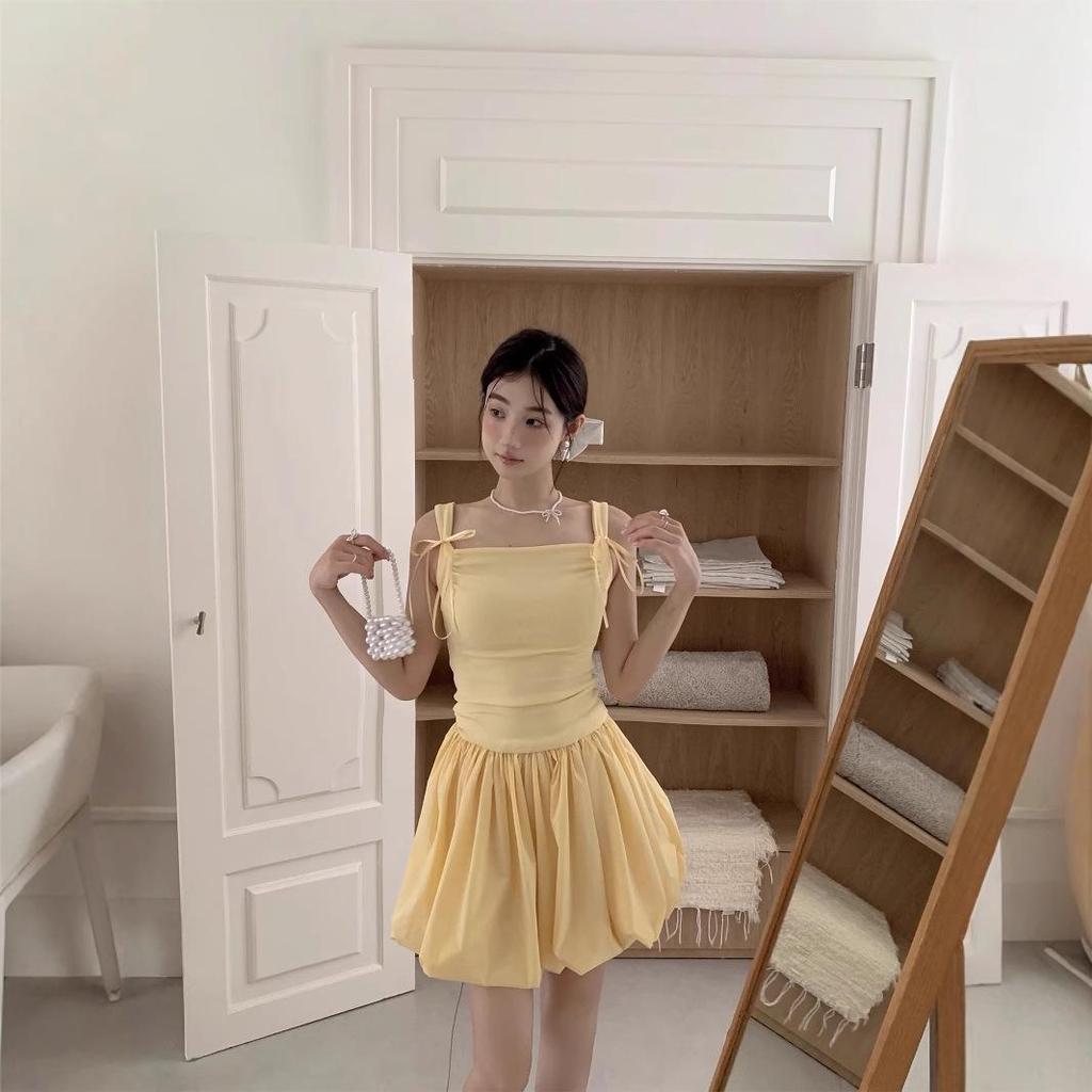 Women's Yellow Bow Tie Strap A-Line Dress - Sweet Summer Floral Puff Skirt