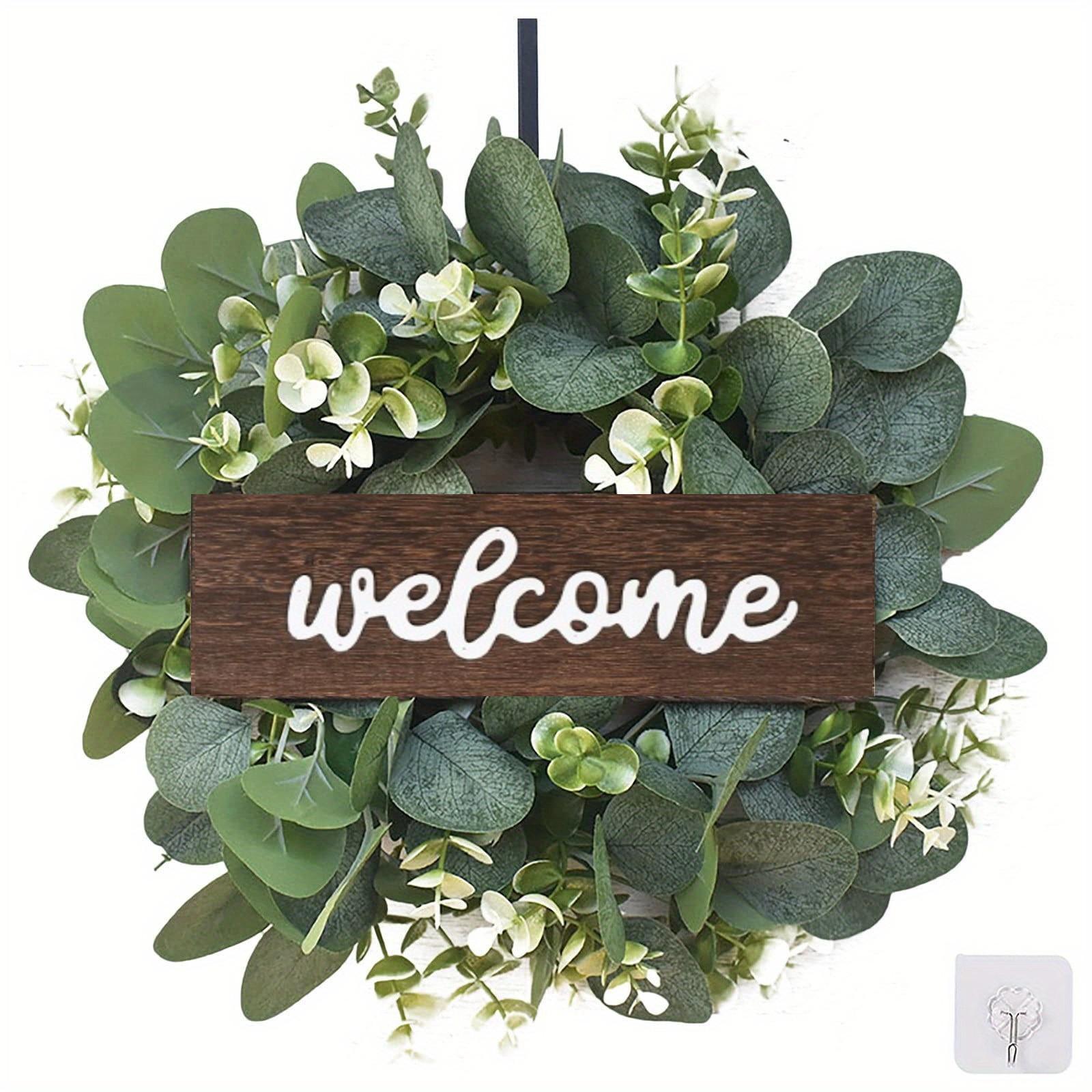 Green Eucalyptus Wreath with Welcome Sign Artificial Eucalyptus Wreath Spring Summer Wreath with White Berries for Front Door 30cm