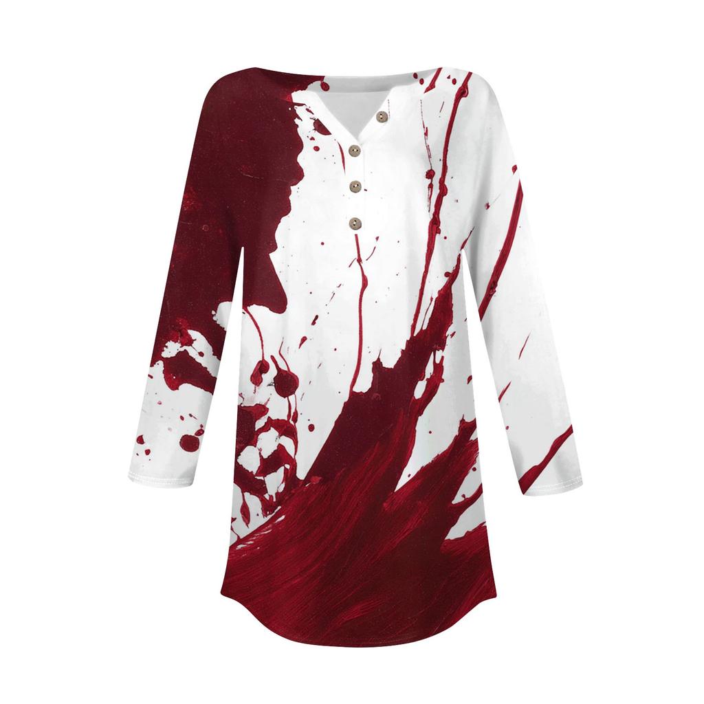 Women's Fashion Loose Button Collar Halloween Print Long Sleeve T-Shirt Top Pullover