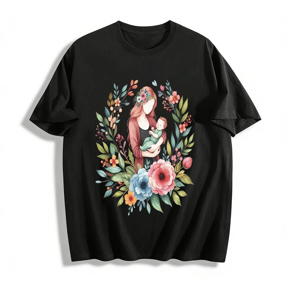 Floral Mother Holding Baby Print Casual Top For Women Pure cotton T-shirt XXS