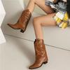 FOREADA Women Mid Calf Cowgirl Boots Round Toe Block High Heels Cowboy Boots Metal Decoration Western Boots Ladies Fashion Shoes Autumn Winter