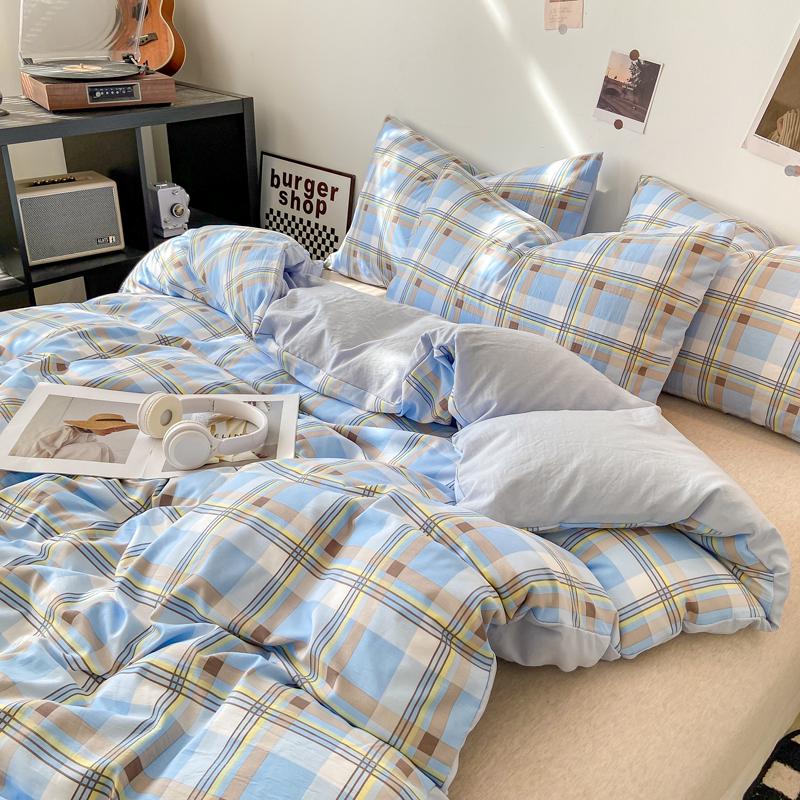 Ins Style Washed Cotton Plaid Duvet Cover Set, Single Size 150x200cm, Dorm-Ready 3-Piece Bedding 1.5x2.0m Single Duvet Cover