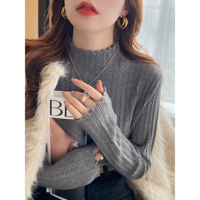 Spring Gentle Fungus Edge Semi-turtleneck Long-sleeved Sweater Femininity Slim and Thin Inner Top