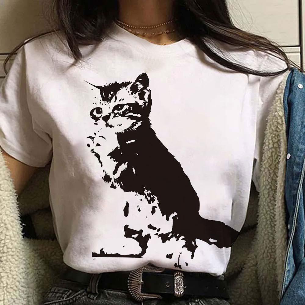 

Простая повседневная модная летняя спортивная дышащая женская футболка с круглым вырезом и коротким рукавом с принтом кота, свободная, удобная, с коротким рукавом 4XL