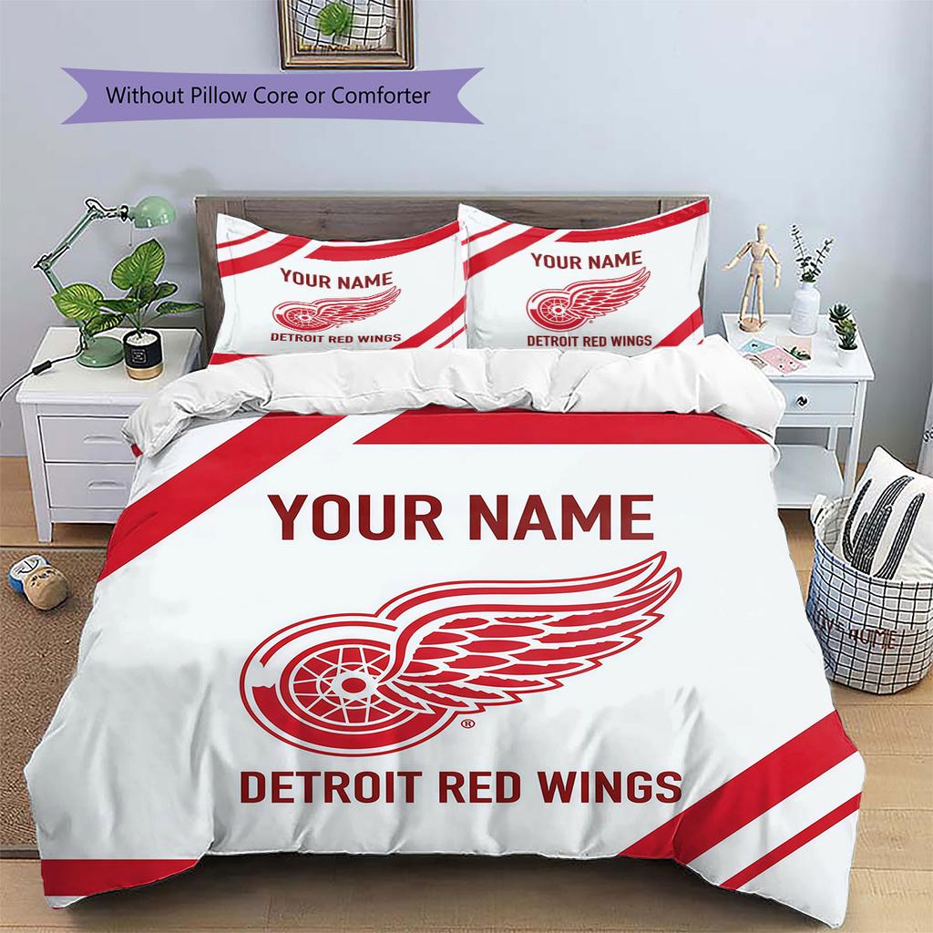 Custom Name,Detroit Red Wings Pattern Bedding Home Decoration Birthday Gift ( 1 Duvet Cover + 2 Pillowcase, Without Core),fan Merchandise.