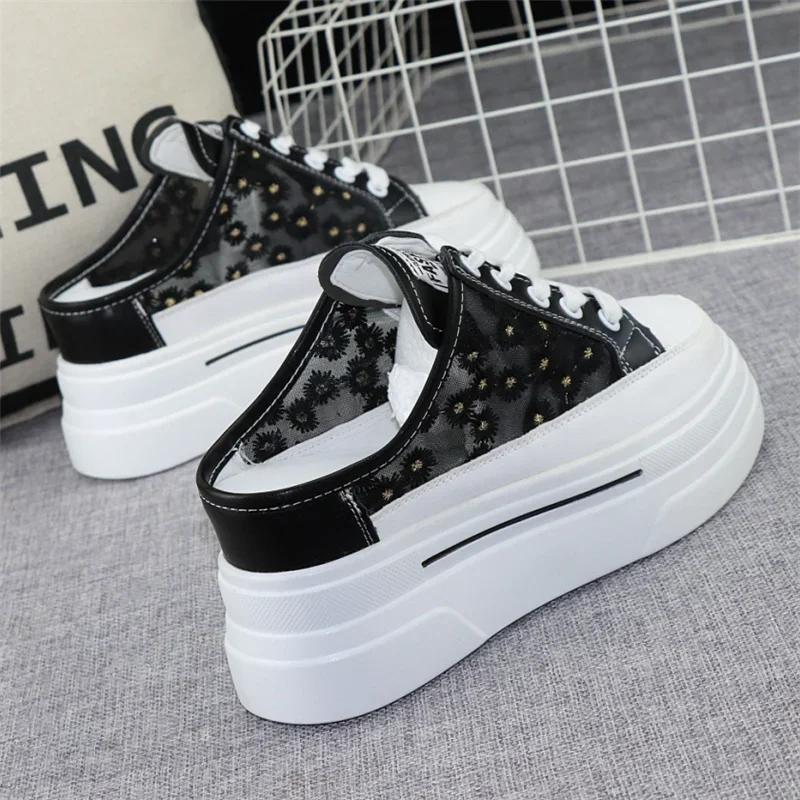 Fashion Baotou Semi-slippers Women's Summer New Outer Wear Embroidery Mesh Breathable Slip-on  Increase 8cm Sandals Sneakers