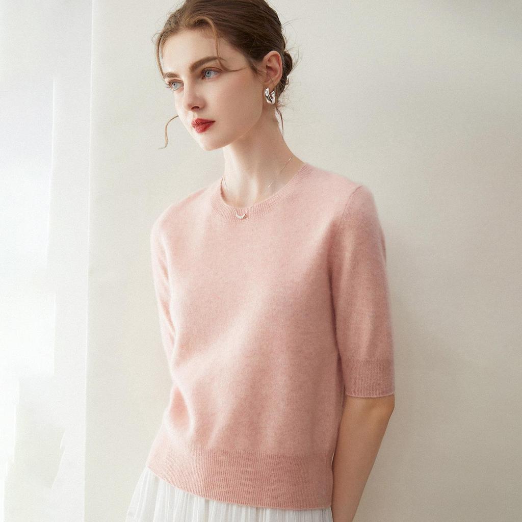 2026 Autumn/Winter Women's Pure Cashmere Short Sleeve Round Neck Loose Knit Sweater