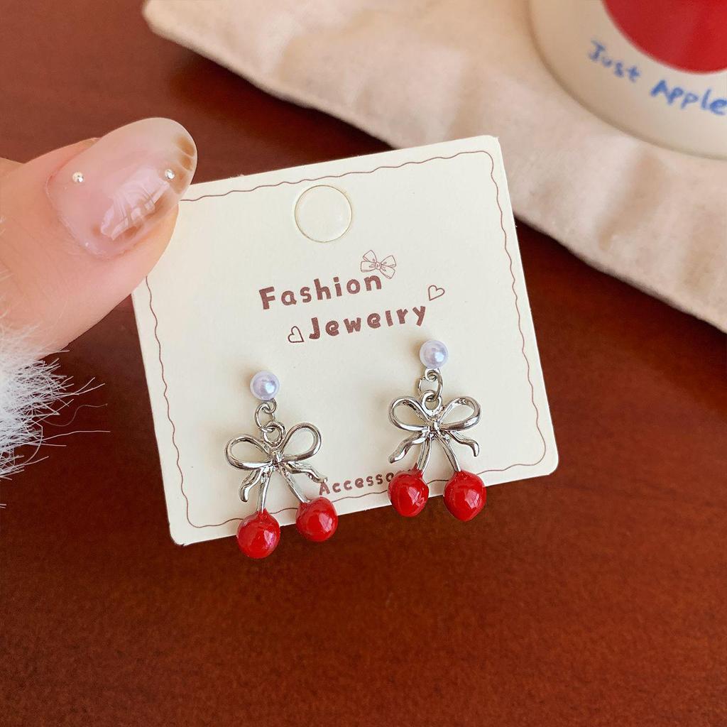 Christmas Red Apple & Cherry Stud Earrings - Women's Silver Needle Autumn/Winter Fruit Jewelry Set