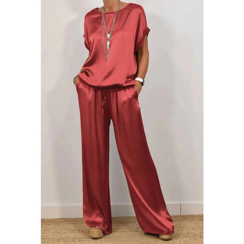 JKASHDK Moda dame ocazional vară primăvară culoare uni imprimeu mâneci scurte cu gâtul O pantaloni pantaloni costume