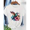 European Sizes Floral Hummingbird Print T-Shirt Short Sleeve Round Neck Casual Top, Regular Length, All-Season Wear, Women's