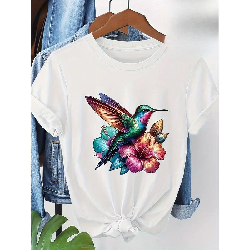 European Sizes Floral Hummingbird Print T-Shirt Short Sleeve Round Neck Casual Top, Regular Length, All-Season Wear, Women's