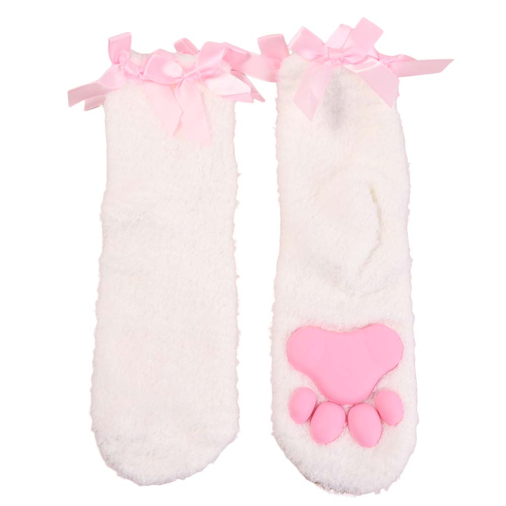 Coral Velvet Cat Paw Plush Socks Paw Pads Bowknot Warm Socks Y2k 3D Cat Paw Socks  Gift