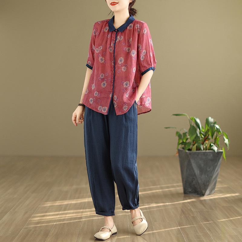 

2025 Корейский стиль Большой размер Похудение Ретро Летний костюм из хлопка и льна из двух частей для женщин Medium