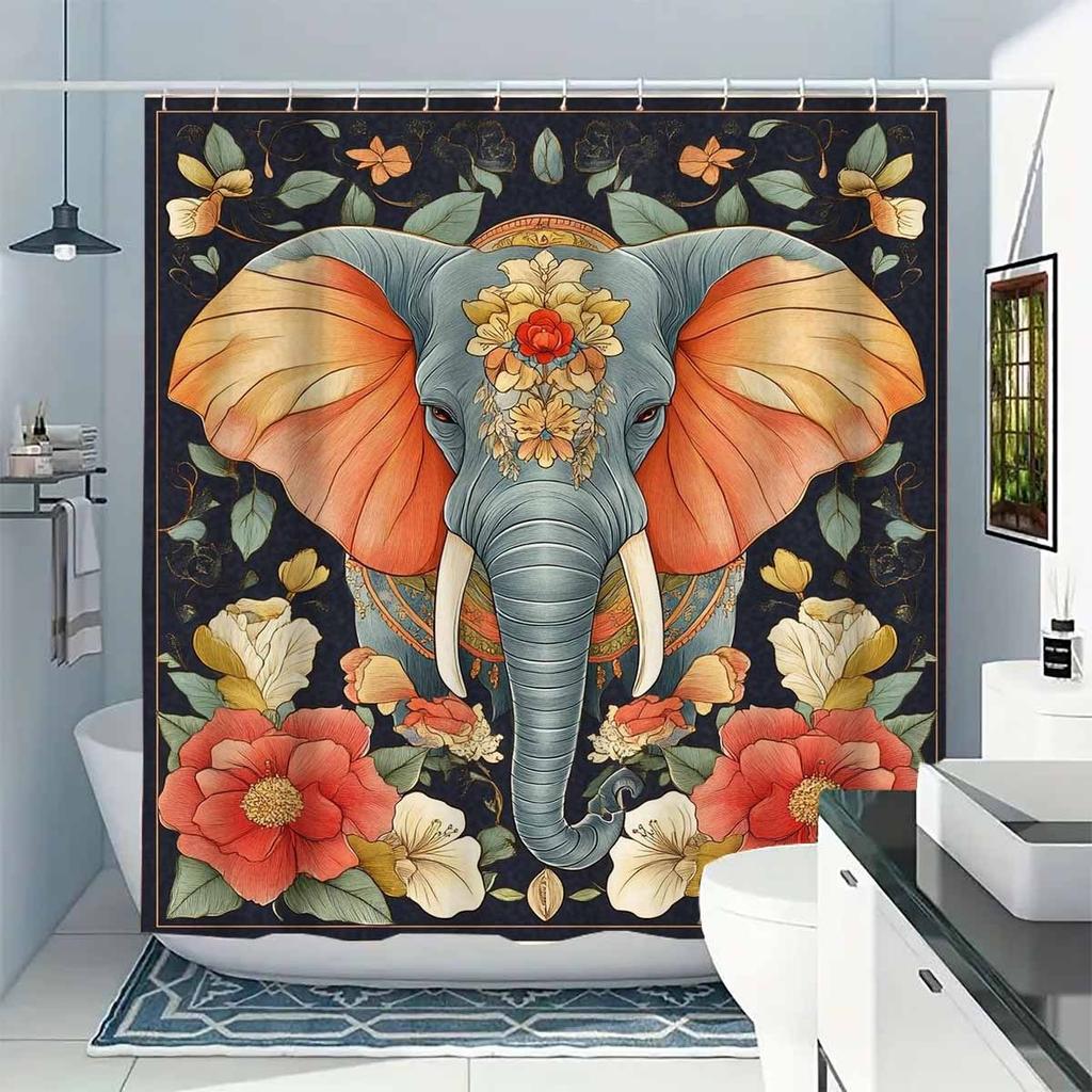 1Pc Beautiful Elephant God Designed Polyester Shower Curtain, With 12 Hooks, Machine Washable, Suitable For Bathroom Decor