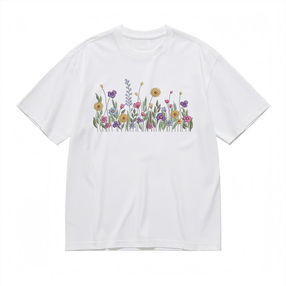 Women's Soft Breathable All Season Classic T-Shirt Colorful Flower Border Tee