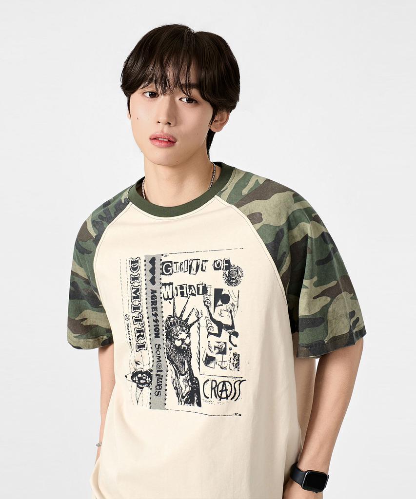 Dimiteulibeullaeg Raglan Color Block Pigment Artwork Short Sleeve T-Shirt_Ivory & Camo
