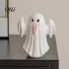 Decorative Ghost Sculpture Light Up Ceramic Figurines for Halloween Decor, Cute White Statue Gift Party with Pink Tongue, LED Night Home Table Office