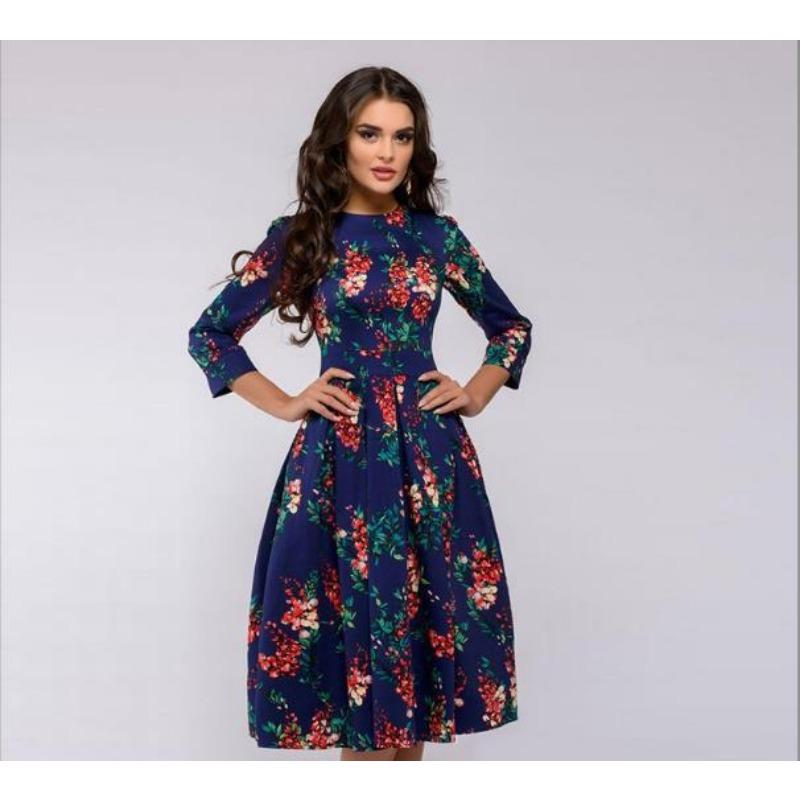 

Женское платье А-силуэта, вечернее винтажное платье с цветочным узором, рукавами-семью точками и круглым вырезом XL