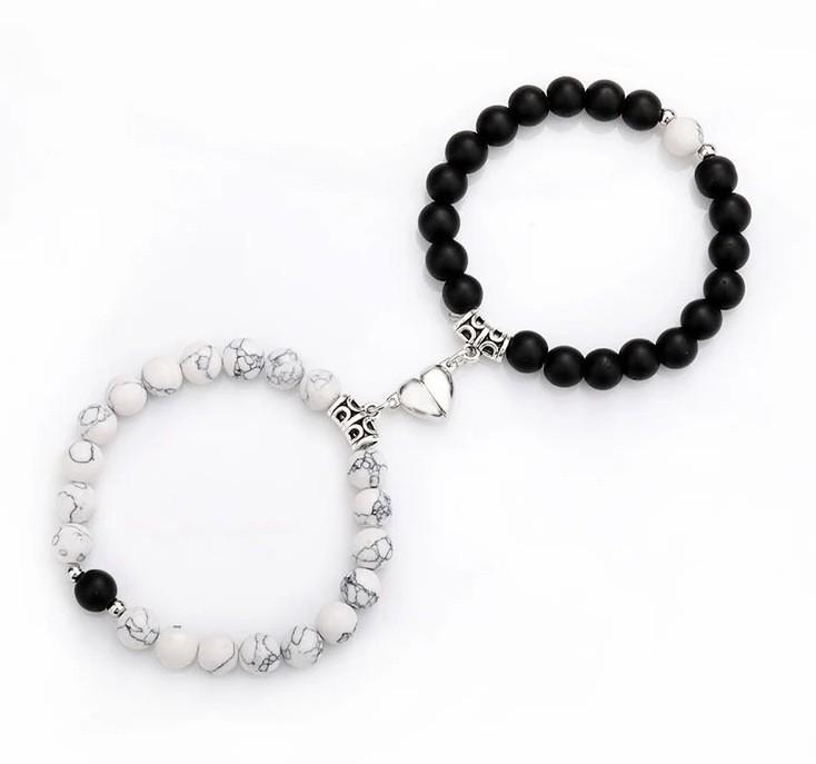 Matte Black & Turquoise Heart-Shaped Magnetic Couple Bracelets Set