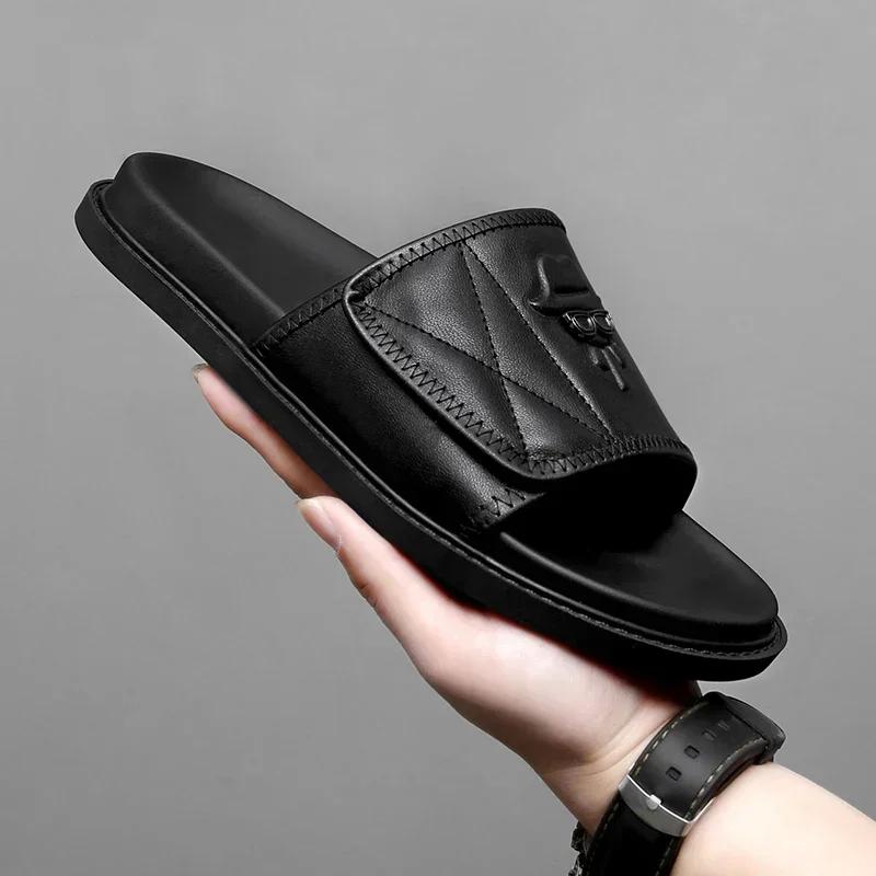 First-layer Cowhide Men's Slippers Light Luxury High-quality Slipper Handmade Genuine Leather Mens Sandals Non-slip Slippers Men