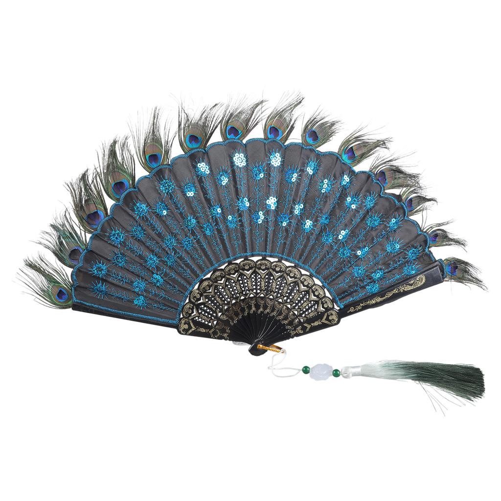 Colorful Hand Fan Elegant Peacock Feather Folding Fan for Halloween and Vintaged Type Occasion Decoration