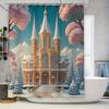 Whimsical Fairy Tale Castle Shower Curtain Pink Blossoms Snowy Landscape Design for Bathroom Decor.