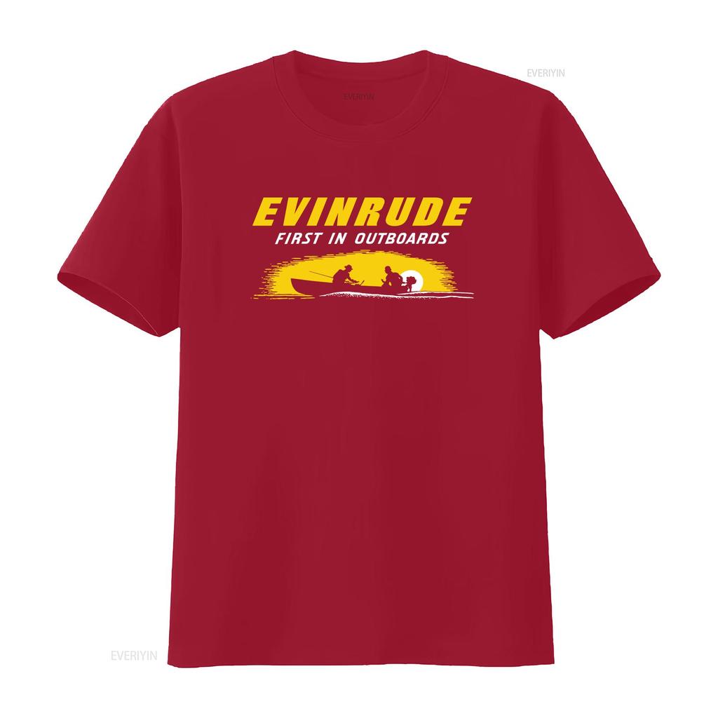 Evinrude Outboard First In Outboards Unisexs Black T Shirt Fishing Boat Sunset Design Size S 3XL Vintage Slightly Homme