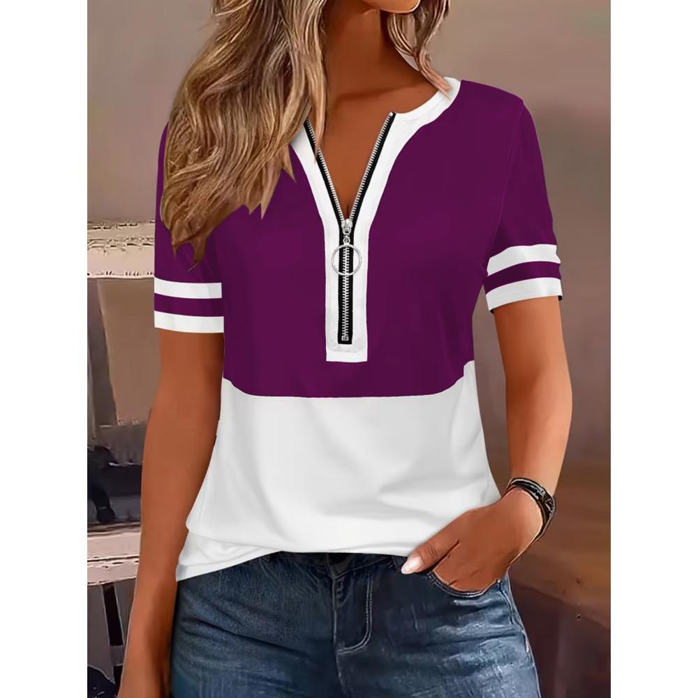 

Fashion Zip-Front Color Block Stripe Print Ladies Short Sleeve T-Shirt, Casual Round Neck Top L