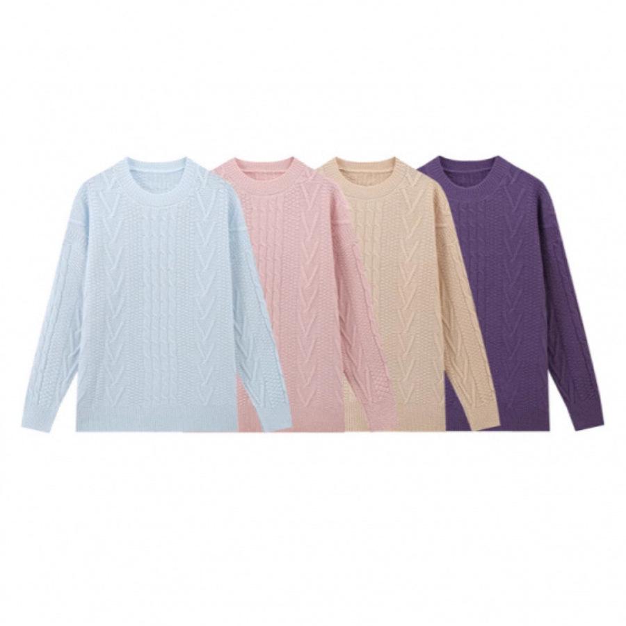 

French-Style Loose Round Neck Cable Knit Ribbed Sweater Small