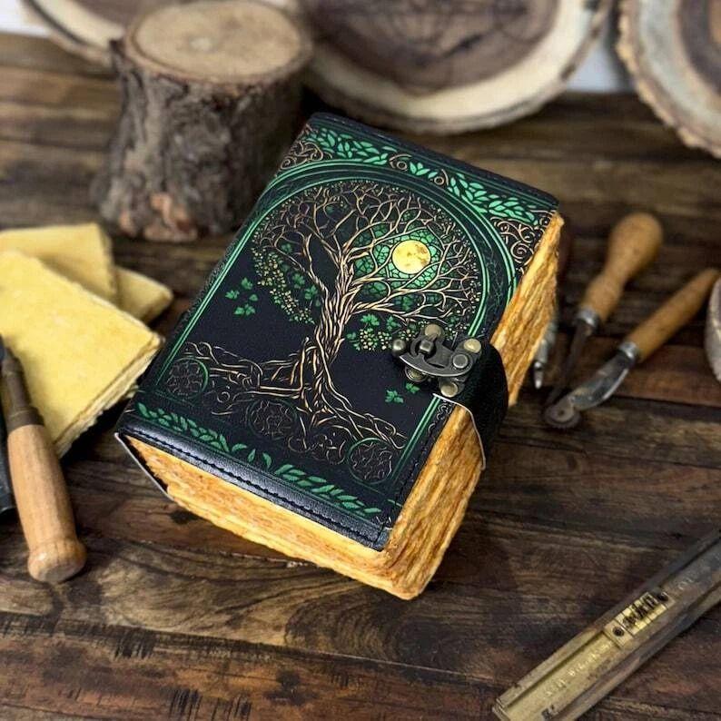 Handmade Green Tree of Life Leather Journal Embossed Vintage Notebook