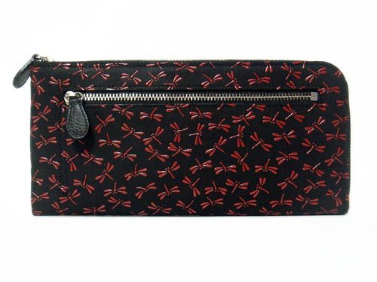 Inden Zipper Long Wallet 2305 Billfold K Black Deerskin x Red Lacquer Dragonfly Pattern x x Zipper Slim Long Wallet [Inden-ya] 9.5cm 20.5cm 2.1cm